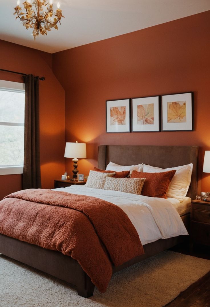 a bedroom with orange walls and brown bedding, two framed pictures on the wall