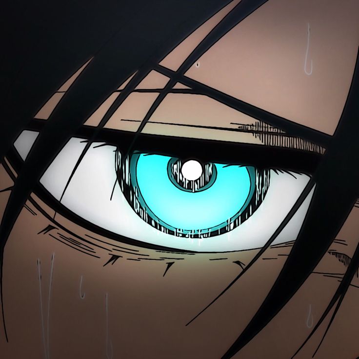 an anime character's eye is shown with blue light coming from the iris section