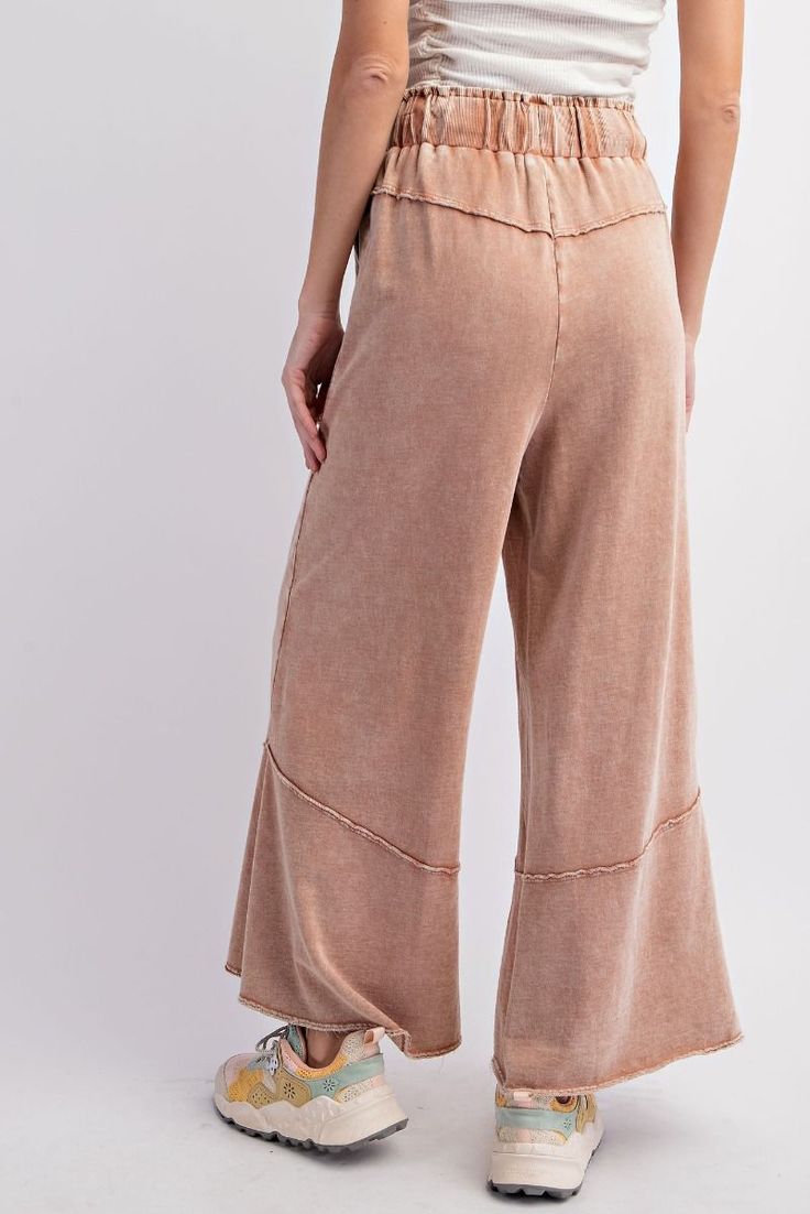 + Terry Knit Pants + Wide Leg + Mineral Wash + Side Pockets + Lined Detailing + Drawstring, Elastic Waistband + 100% Cotton Comfortable Leisure Brown Bottoms, Comfortable Brown Leisure Bottoms, Brown Sweatpants For Spring Loungewear, Spring Brown Loungewear Sweatpants, Cozy Spring Bottoms With Drawstring, Brown Drawstring Bottoms For Loungewear, Cozy Beige Bottoms For Spring, Comfortable Brown Pants For Spring, Cozy Leisure Pants For Spring