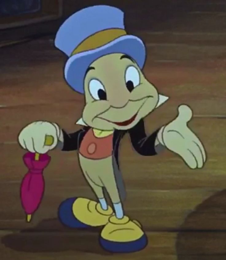 an animated character holding a pink object in his hand and wearing a blue hat, standing on top of a wooden floor