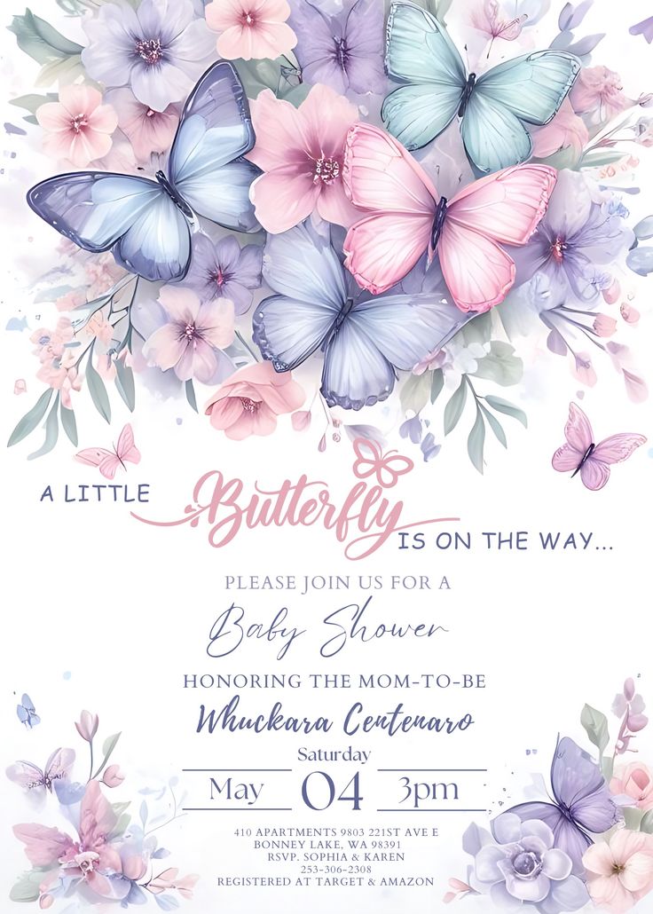 a wedding card with butterflies and flowers in pastel colors on the front, along with text that reads butterfly is on the way