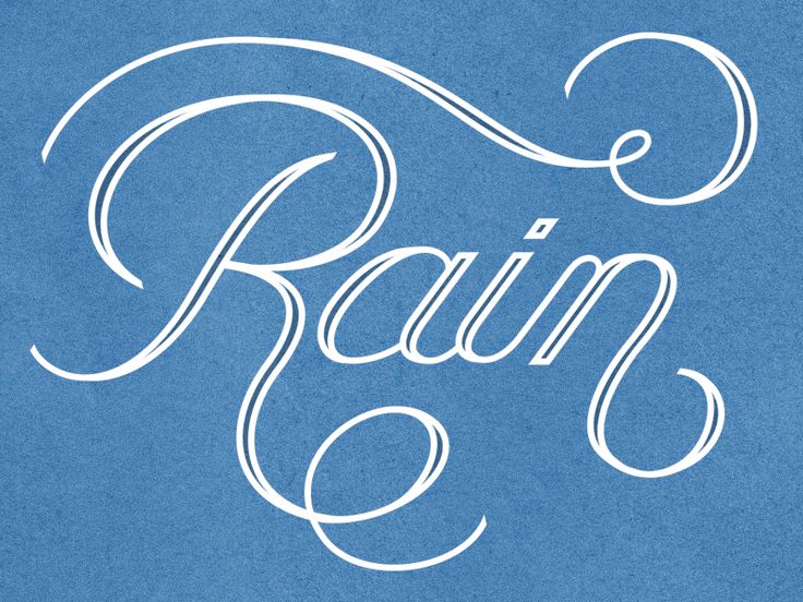 the word rain is written in white on a blue background with swirls and curls