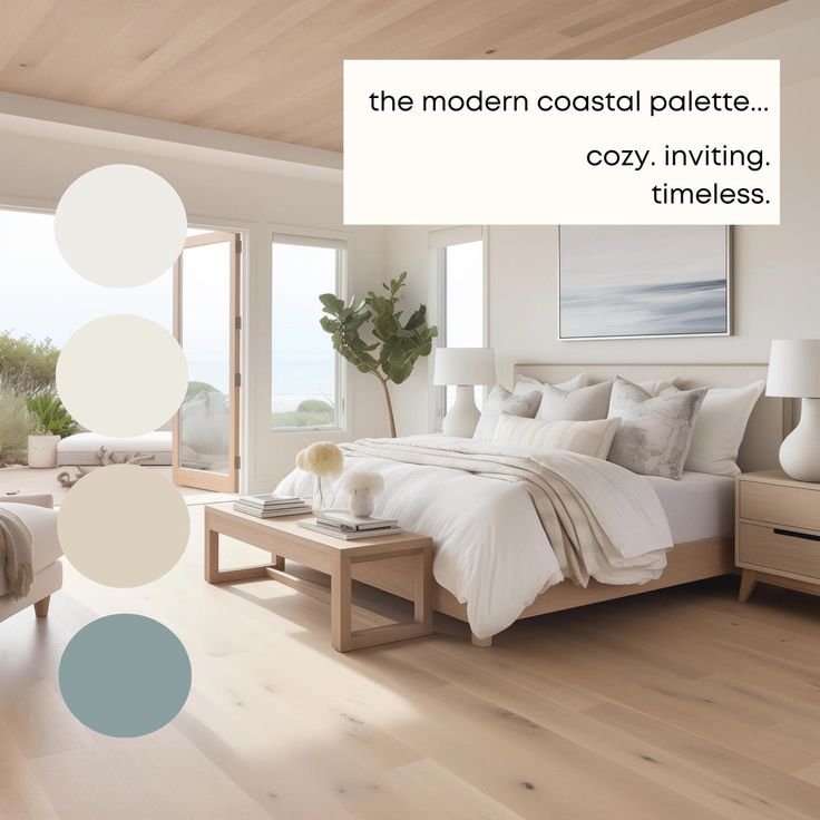 the modern coastal palette is cozy inviting and time - lapse in this bedroom with natural wood flooring