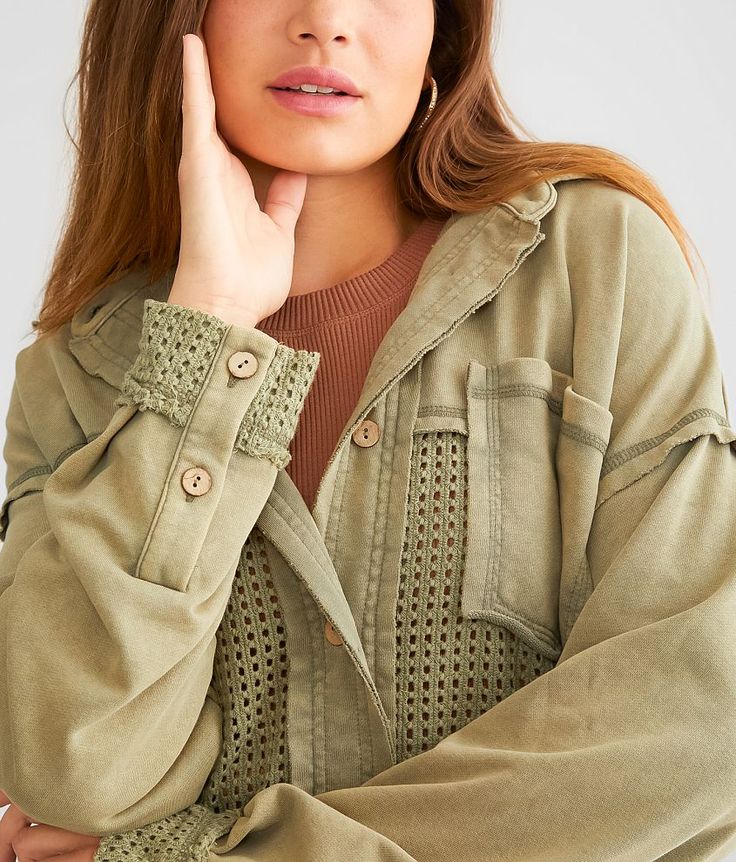 BKE Pieced Crochet Hooded Shacket - Green X-Small, Women's Vetiver Washed button down raw edge shirt jacket Bust measures 48 on size small Body length 27 on size small. Layering piece(s) and/or accessories sold separately.. Self: 53% Cotton 47% Polyester. Contrast: 100% Cotton. Hand wash cold. Do not bleach. Do not iron. Do not dry clean.. Measurements: Bust -Fullest part of bust with arms at sides. Waist -Circumference of natural waist: above belly button below rib cage. Hips -Standing with fee Casual Hooded Shacket For Fall, Khaki Cotton Hooded Jacket With Long Sleeves, Long Sleeve Cotton Hooded Jacket For Spring, Hooded Cotton Top With Button Closure, Cotton Long Sleeve Hooded Jacket For Spring, Cotton Hooded Jacket With Long Sleeves For Spring, Spring Cotton Hooded Jacket With Long Sleeves, Hooded Fall Shacket With Pockets, Casual Hooded Top With Button Closure