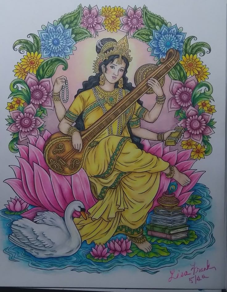 a drawing of a woman playing the sita on a swan with flowers around her