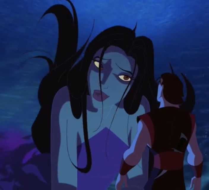 an animated image of a woman with long black hair and yellow eyes sitting on the ground