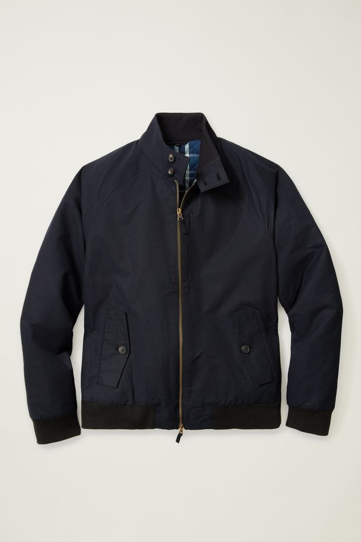 The Harrington Jacket | Bonobos Classic Cotton Outerwear With Fold Down Collar, Casual Cotton Outerwear With Ribbed Collar, Classic Outerwear With Fold Down Collar And Patch Pockets, Classic Cotton Outerwear With Button Cuffs, Cotton Outerwear With Ribbed Collar For Everyday, Everyday Cotton Outerwear With Ribbed Collar, Classic Navy Outerwear With Flap Pockets, Classic Cotton Outerwear With Ribbed Cuffs, Classic Outerwear With Contrast Collar For Fall