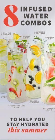 an advertisement for 8 infused water combos with fruit and vegetables in pitchers, on a white background