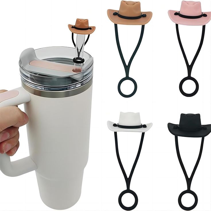 four different colored hats are attached to the handle of a coffee cup