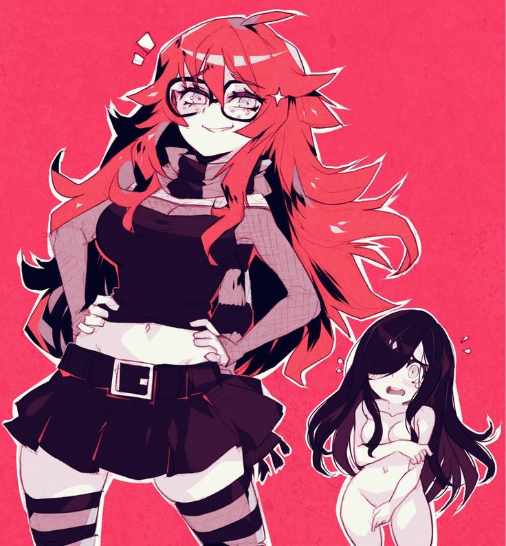 an anime character with long hair and glasses standing next to another character in front of a pink background