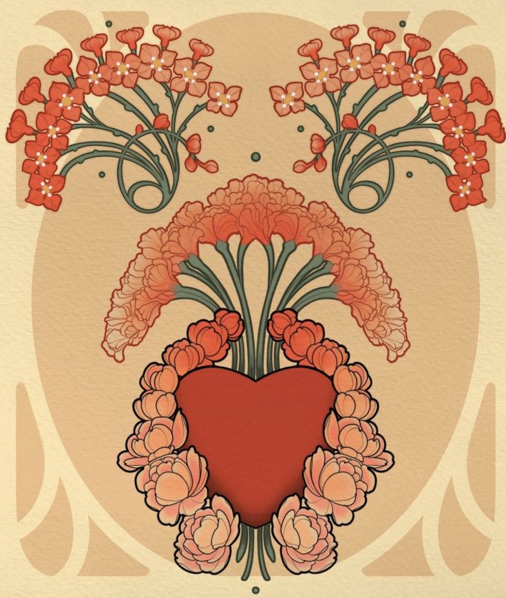 a heart surrounded by flowers on a beige background