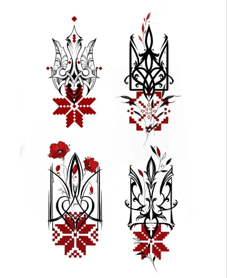 four different designs on white paper with red and black ink, one in the shape of flowers