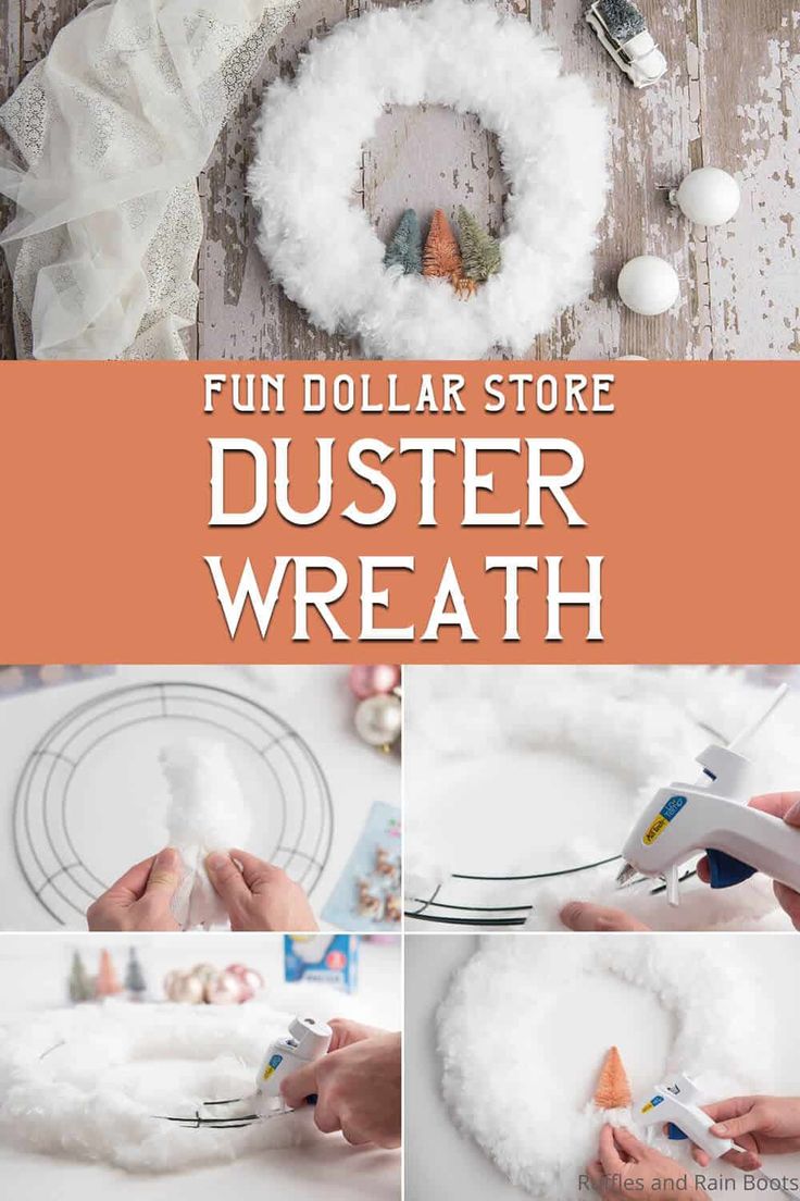 a collage of photos with the words fun dollar store duster wreath on it