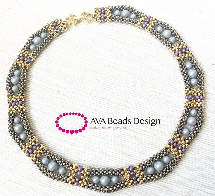 a beaded necklace is shown on a white surface with the words ava beads design written below it