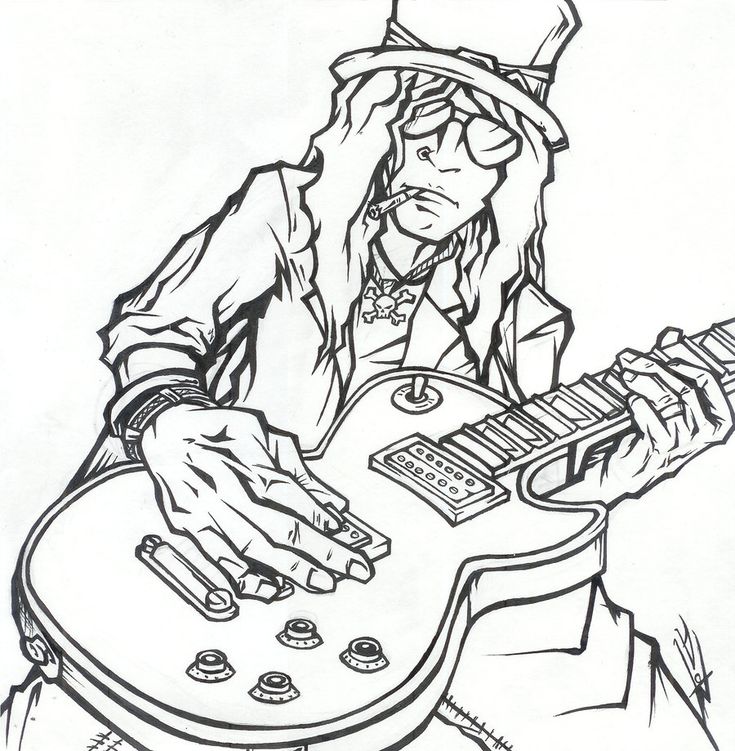 a drawing of a man with a guitar in his hand, wearing a top hat