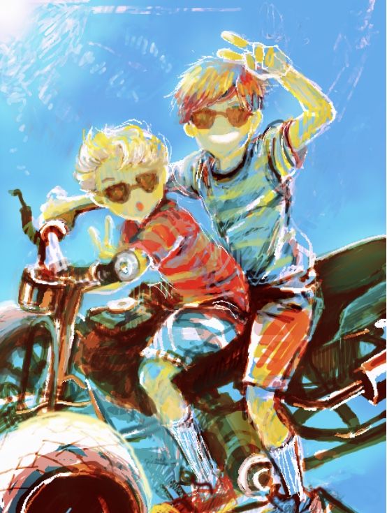 two young boys riding on the back of a motorbike in front of a blue sky