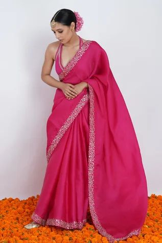 Shop for Rashi Jain Pink Viscose Georgette Gullal Saree With Halter Neck Blouse for Women Online at Aza Fashions Cheap Saree With Unstitched Blouse For Festivals, Luxury Fitted Pink Saree, Luxury Sleeveless Party Wear Saree, High Neck Blouse With Jewelry, Cheap Festival Saree With Unstitched Blouse, Luxury Sleeveless Saree With Unstitched Blouse, Luxury Bollywood Satin Blouse, Cheap Bollywood Party Blouse, Luxury Chanderi Bollywood Blouse Piece