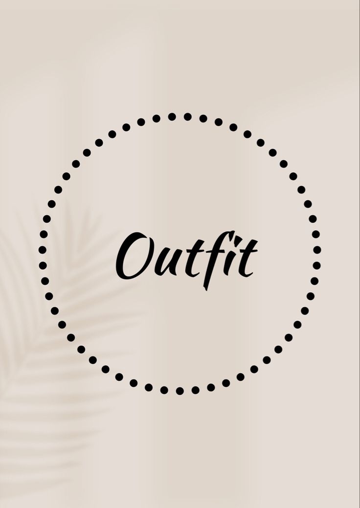 the word outfit is surrounded by small black dots on a beige background with palm leaves