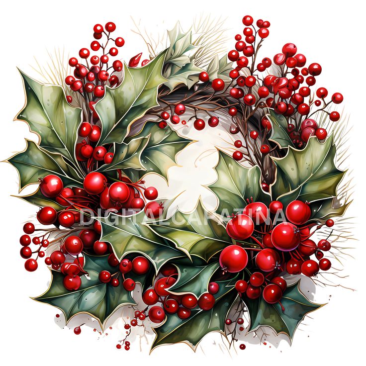 a holly wreath with red berries and green leaves on it's center, painted in watercolor