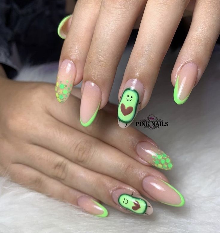 #nails #nailart #nailsofinstagram #naildesign #nailideas #avocado Green Cartoon Nails, Avocado Nails Design, Avocado Nail Art, Avocado Nails, Pedicure En Gel, Types Of Nails Shapes, Nail Art Designs For Beginners, Berry Nails, Nail 2023