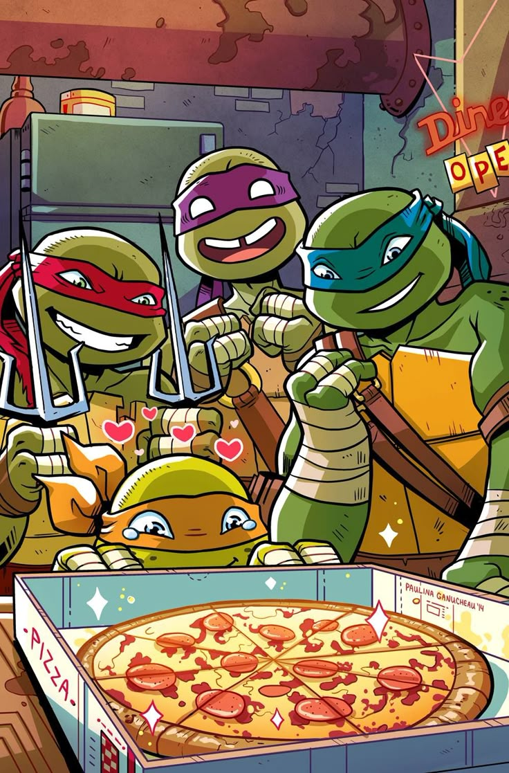 teenage mutant ninjas are eating pizza from a box with the same topping on it