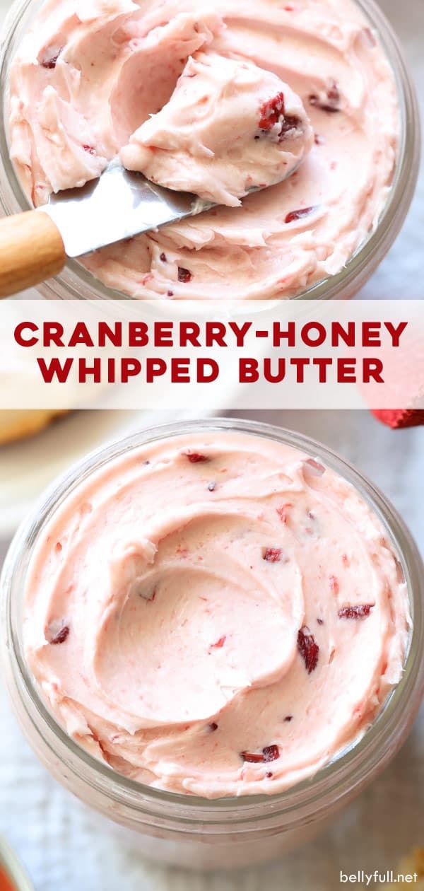 cranberry - honey whipped butter in a glass bowl with a wooden spoon on top