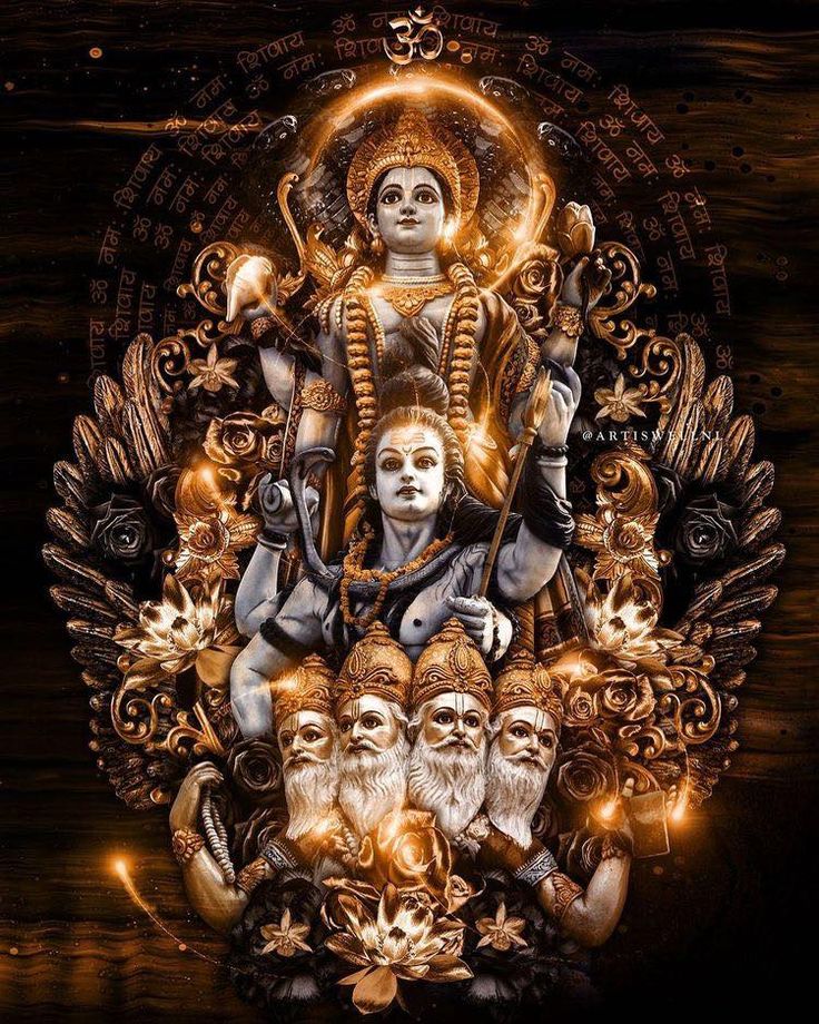 an image of the hindu god and his five avatars in gold, black and white