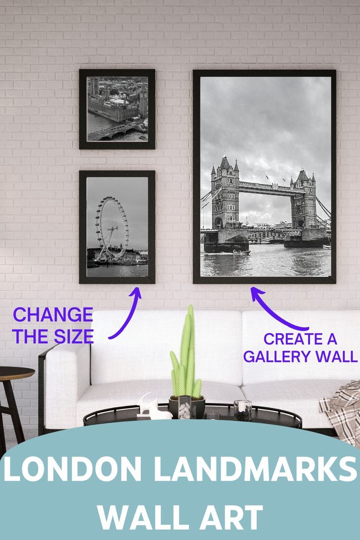 the london landmarks wall art is displayed in black and white, with blue arrows pointing to different locations