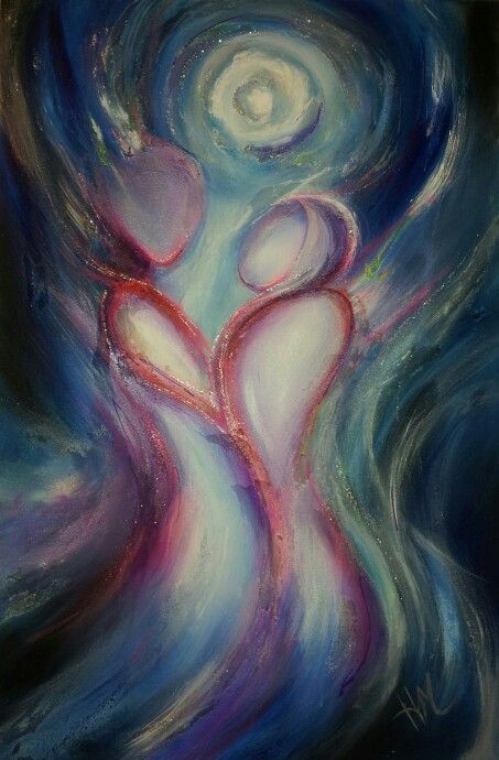 an abstract painting with blue, pink and white swirls in the shape of two hearts