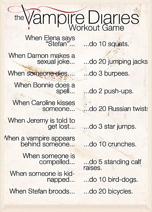 the vampire diaries workout game is shown on a white paper with black writing and red lettering