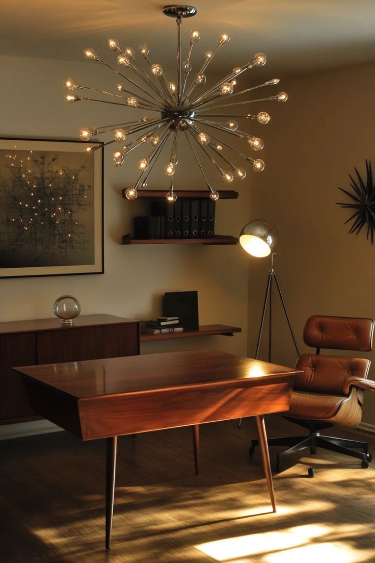 Stylish mid century modern home office with sputnik chandelier desk lamp and Eames chair Retro Futurism Office, Home Office Mid Century Modern, Home Office Mid Century, Office Mid Century Modern, Office Mid Century, Office Color Palette, Mid Century Modern Home Office, Home Office Designs, Modern Home Office Desk