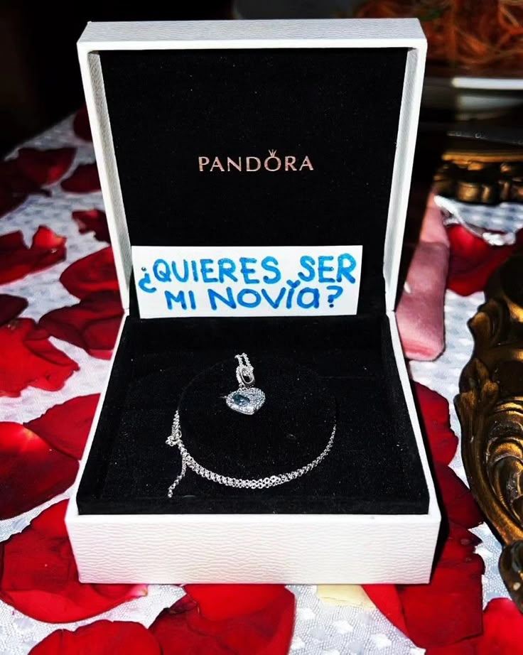 a necklace in a box on a bed of red roses with the words queres ser mi novia?