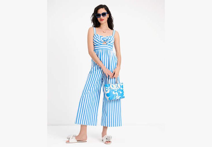 Get dressed in a breeze with our new striped poplin jumpsuit—it's sure to become your new summertime staple. | Kate Spade Summer Stripe Jumpsuit, Riverside/Fresh White - XL Striped Jumpsuits For Spring Day Out, Chic Striped Summer Jumpsuits And Rompers, Spring Striped Cotton Jumpsuits And Rompers, Chic Striped Jumpsuits And Rompers For Summer, Striped Cotton Jumpsuits And Rompers For Spring, Chic Jumpsuits And Rompers For Spring And Summer, Summer Striped Cotton Jumpsuits And Rompers, Striped Cotton Jumpsuits And Rompers For Summer, Striped Summer Jumpsuits And Rompers For Vacation