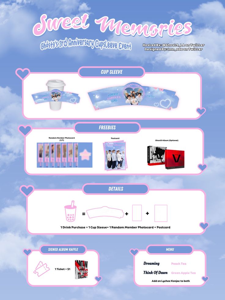 the website for sweet memories is displayed on a blue sky with clouds and pink trim