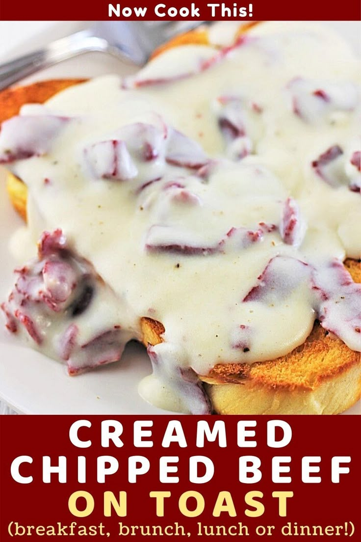 a white plate topped with bread covered in gravy