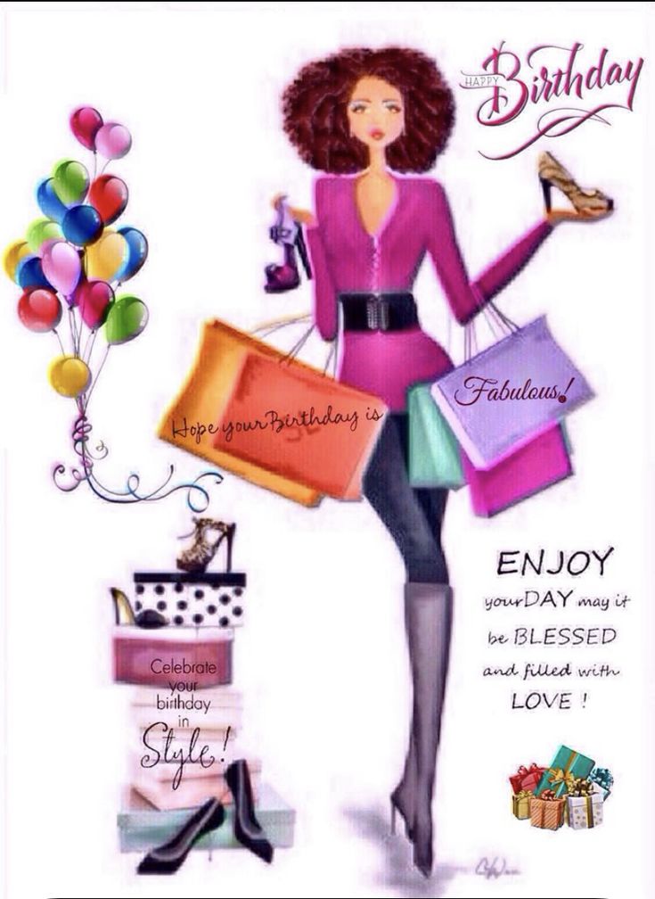 a birthday card with a woman holding shopping bags