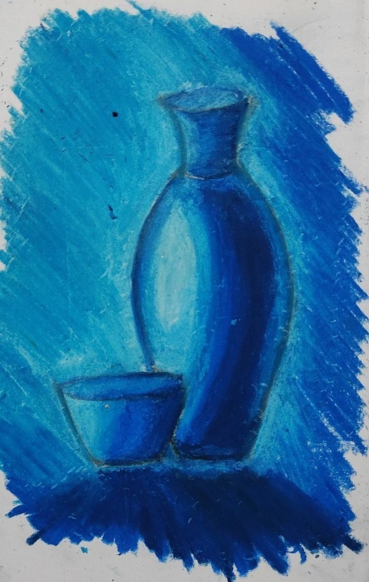 a drawing of a blue vase and bowl