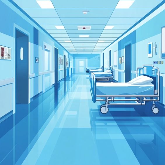 a hospital room with blue walls and empty beds