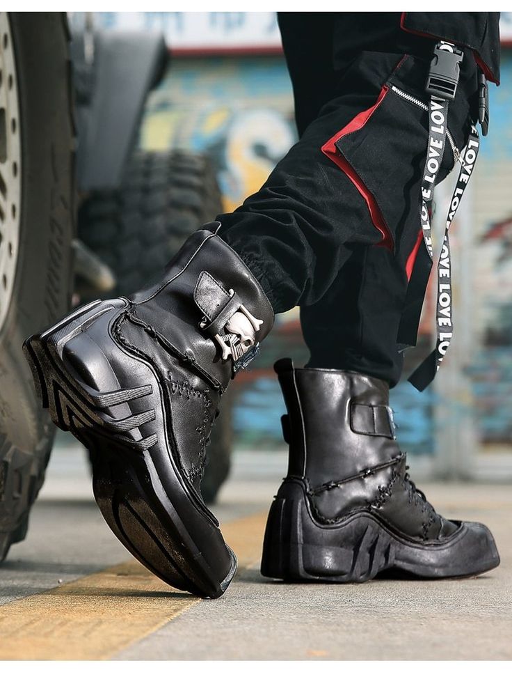 The footwear of Skull Boots Leather is indispensable for all music fans. A demonic look and a wild rhythm, it's all there on this Skull Cross Boots! This pair of Handmade leather skull boots is a unique pair of shoes, suitable for both men and women, they will look great with a proper outfit. The footwear of these high boots is indispensable for all bike drivers and skull lovers, a classy look with a wild rhythm, it’s all there with these new boots! All in black with laces with a nice belt that Black Gothic Lace-up Boots With Round Toe, Black Lace-up Combat Boots With Rivets, Gothic Leather Lace-up Boots For Winter, Black High Ankle Lace-up Boots Alternative Style, Streetwear Lace-up Combat Boots With Rivets, Streetwear Steel Toe Ankle Martin Boots, Streetwear High Ankle Platform Boots In Faux Leather, Steel Toe Lace-up Boots For Streetwear, Faux Leather High Ankle Platform Boots For Streetwear