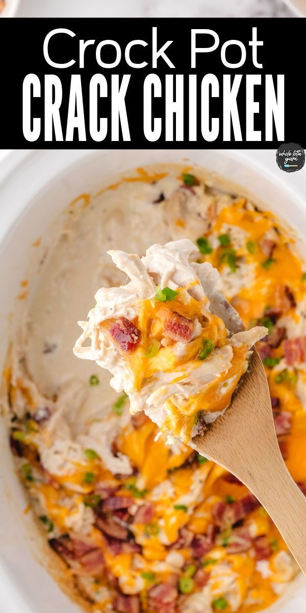 crock pot chicken casserole in a white bowl with a wooden spoon