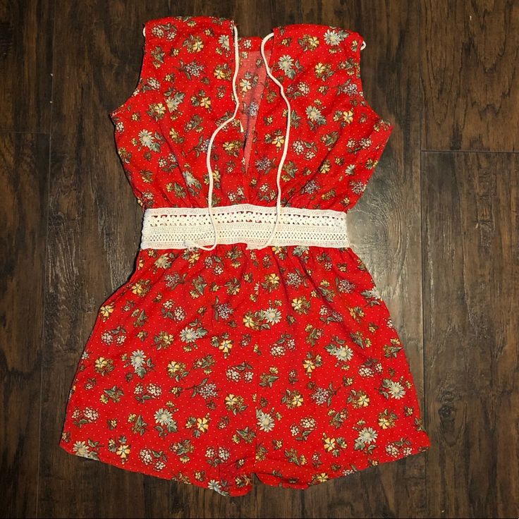 This Romper Is Brand New, It Was Never Worn Red Retro Jumpsuits And Rompers For Summer, Red Cotton Beach Jumpsuits And Rompers, Red Cotton Jumpsuits And Rompers For Beach, Red Cotton Jumpsuit For The Beach, Red Cotton Summer Jumpsuits And Rompers, Vintage Jumpsuits And Rompers For Spring Vacation, Red Summer Jumpsuits And Rompers For Day Out, Summer Floral Print Red Jumpsuits And Rompers, Red Floral Print Jumpsuits And Rompers For Summer