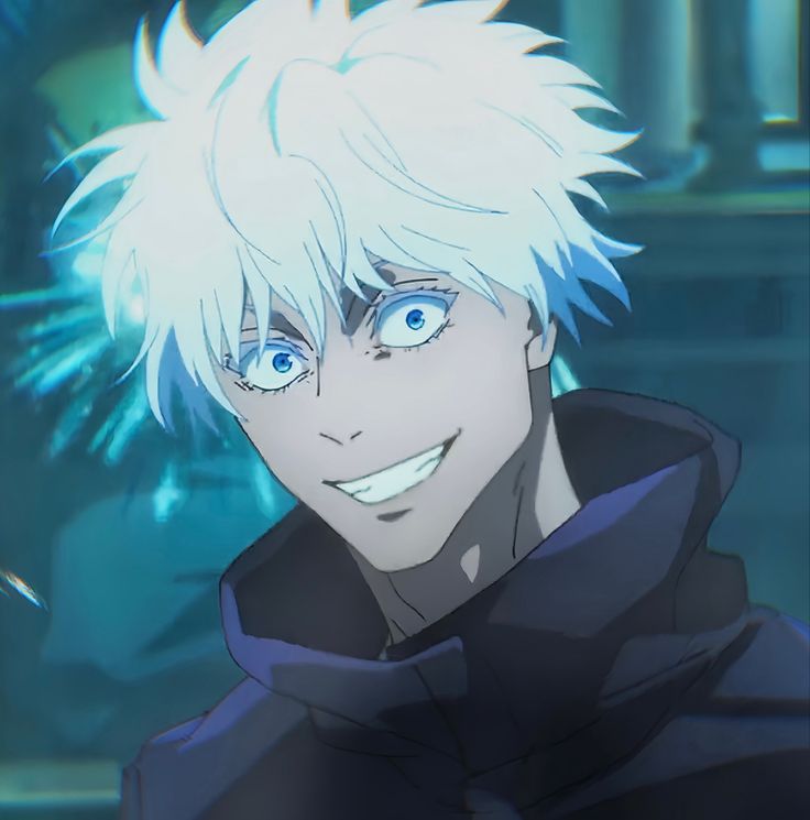 an anime character with white hair and blue eyes smiles at the camera while wearing a black hoodie