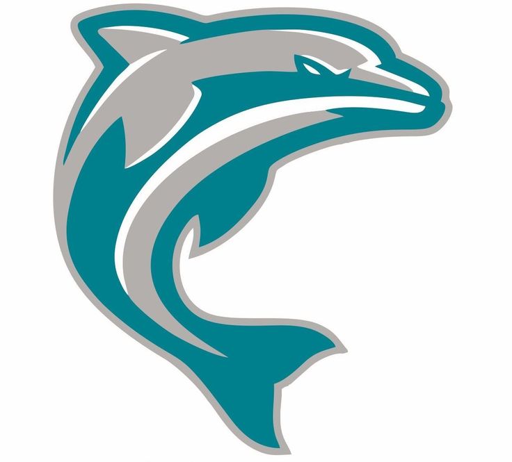 the dolphins logo is shown in grey and teal on a white background with blue accents