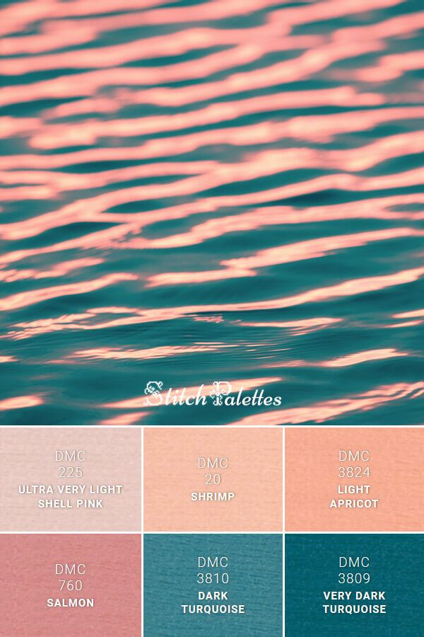 the color palette is shown in shades of pink, blue and green with water ripples