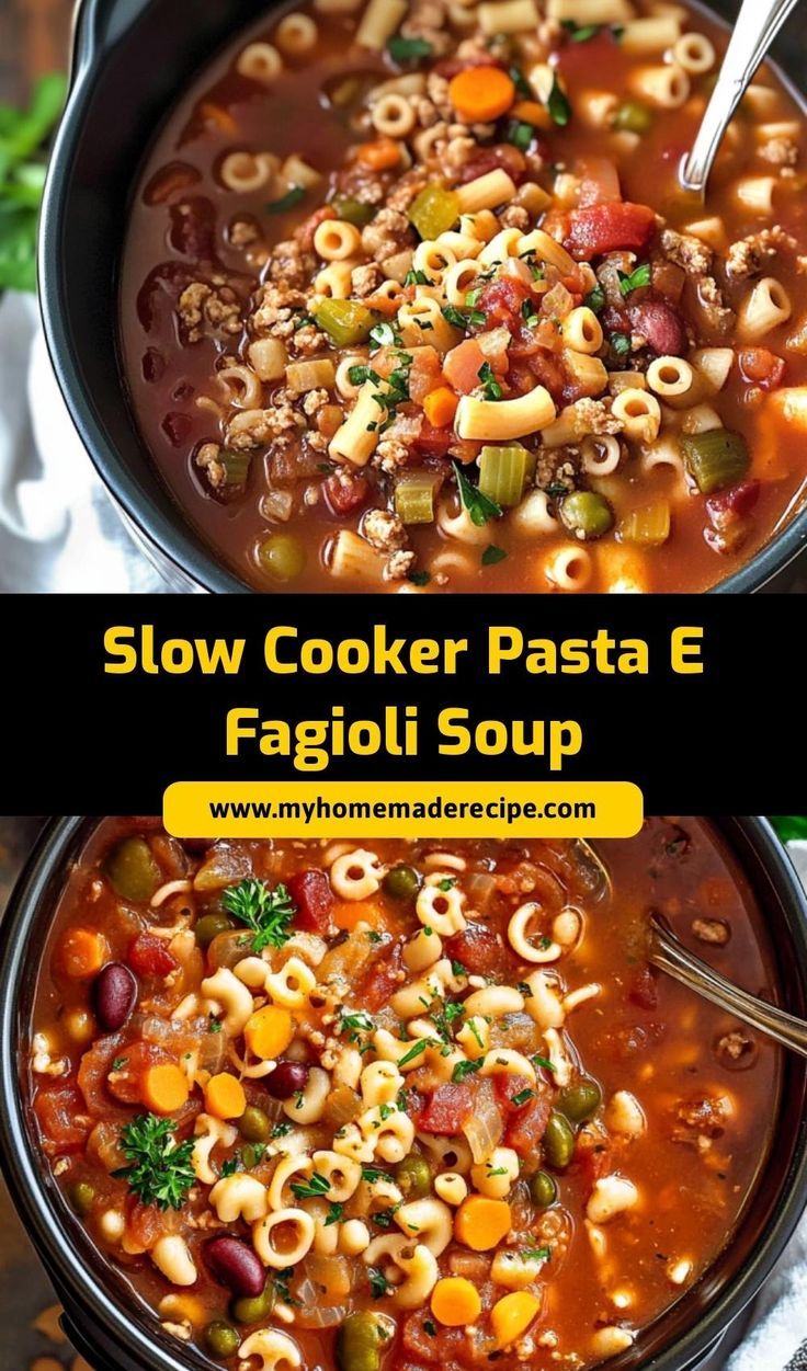 two pictures showing different types of pasta and vegetables in a pot with the words slow cooker pasta e fagioi soup