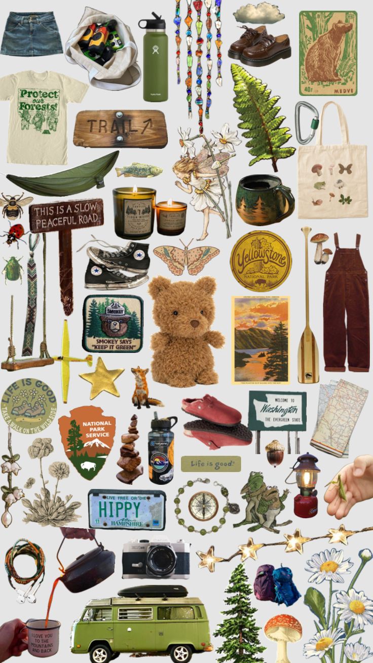 a collage of various items that include trees, plants and other things to be seen in the image