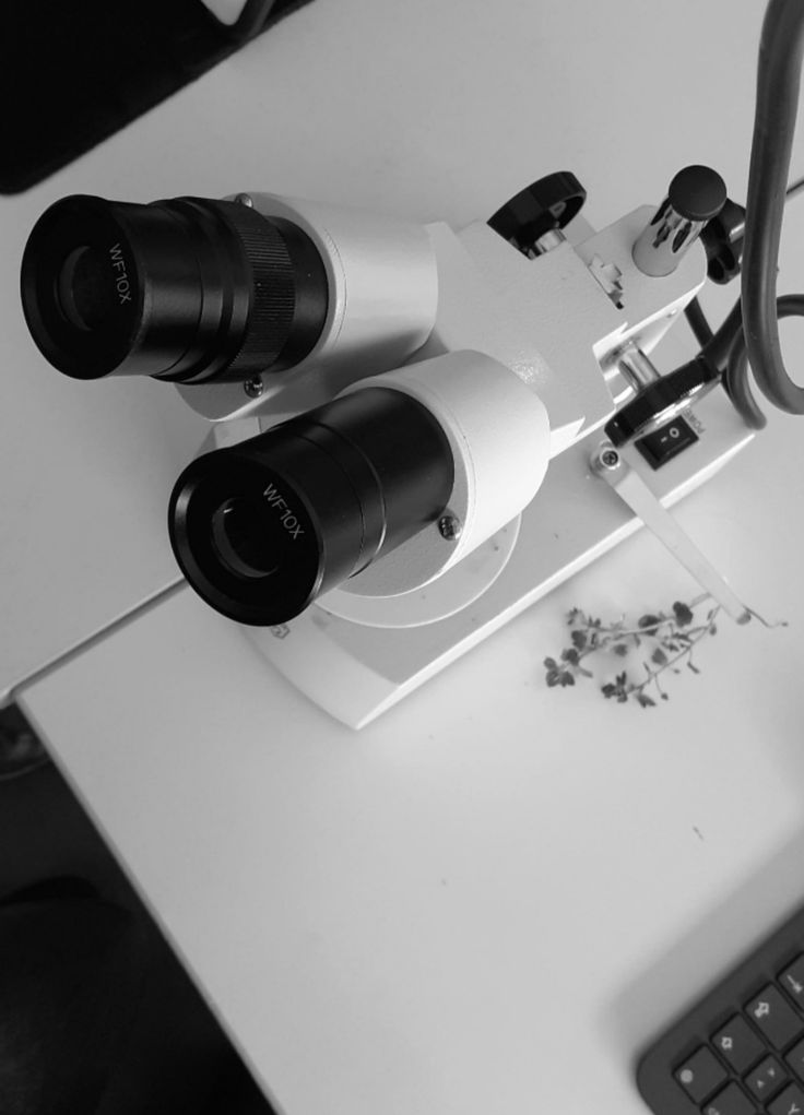 two microscopes sitting on top of a white table next to a keyboard and mouse