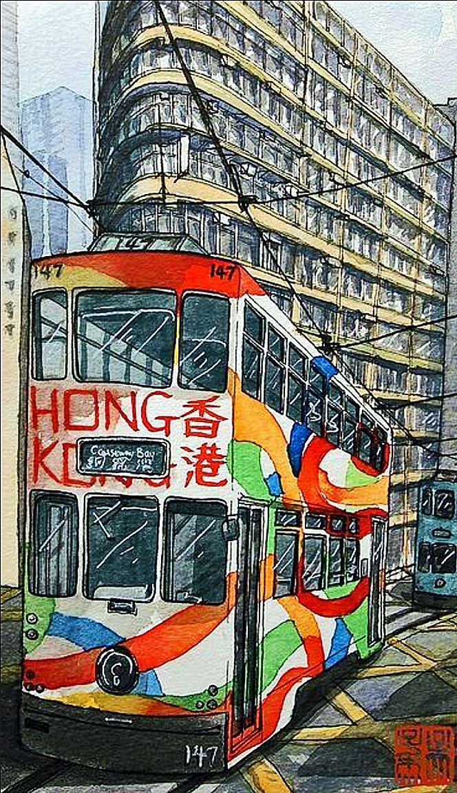 a painting of a double decker bus in hong kong