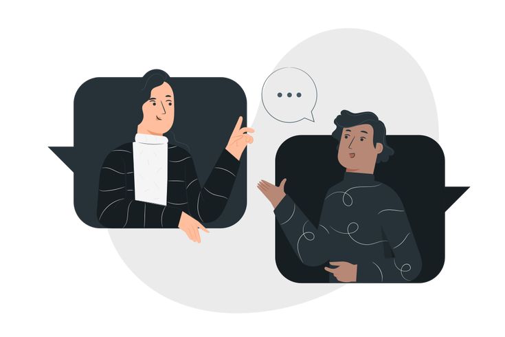 two people talking to each other with speech bubbles above their heads and below the heads