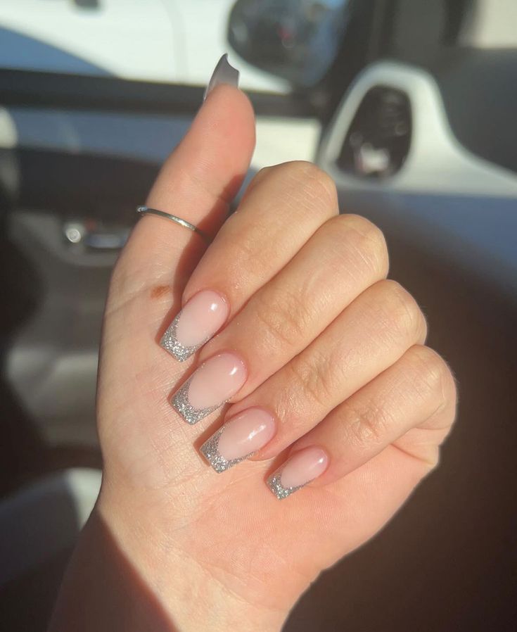 French Tip Nails Silver Glitter, Natural And Silver Nails, Nails To Match Silver Dress, Homecoming Silver Nails, Basic Glitter Nails, Silver Nails Coffin Shape, Coffin Silver Nails, Coffin Shape French Tip Nails Glitter, Hoco Nails For Silver Dress